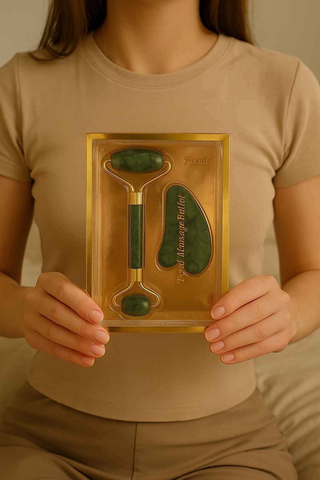 Kомплект с ролер за лице и камък Гуа Ша, нефрит